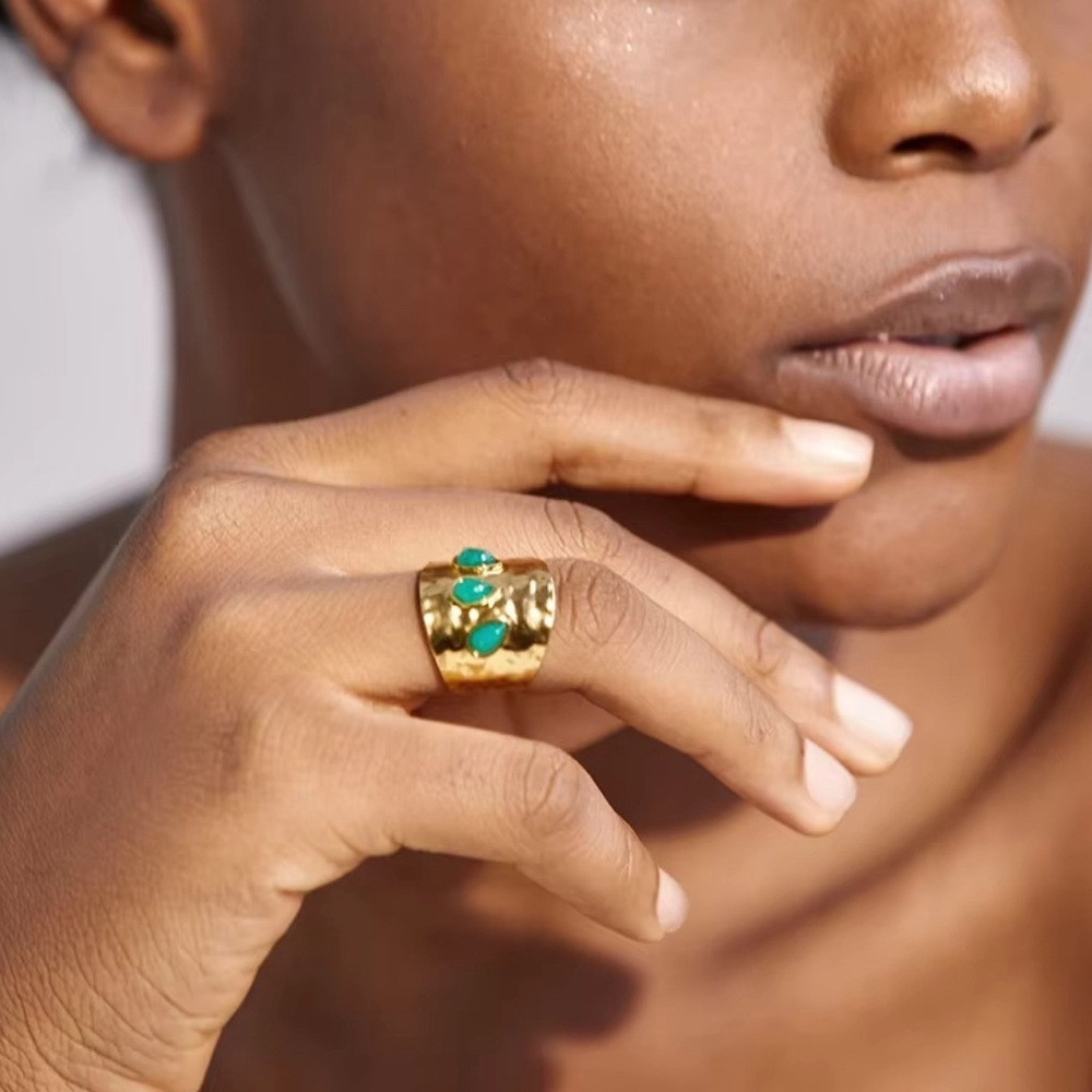 Green Natural Stone Stainless Steel 18k Gold Plated Fashion Ring